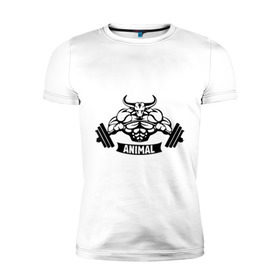 Мужская футболка премиум с принтом Bodybuilder bull , 92% хлопок, 8% лайкра | приталенный силуэт, круглый вырез ворота, длина до линии бедра, короткий рукав | Тематика изображения на принте: animal