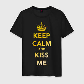 Мужская футболка хлопок с принтом Keep calm and kiss me , 100% хлопок | прямой крой, круглый вырез горловины, длина до линии бедер, слегка спущенное плечо. | Тематика изображения на принте: keep calm | kiss | золото | поцелуй | сохраняй спокойствие