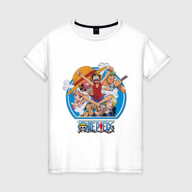 Женская футболка хлопок с принтом One Piece , 100% хлопок | прямой крой, круглый вырез горловины, длина до линии бедер, слегка спущенное плечо | 