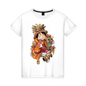 Женская футболка хлопок с принтом Луффи- король пиратов , 100% хлопок | прямой крой, круглый вырез горловины, длина до линии бедер, слегка спущенное плечо | anime | mugivara | one piece | pirates | аниме | ванпис | король | кубок | луффи | манга | мугивары | оба | пираты