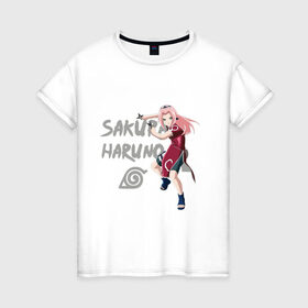 Женская футболка хлопок с принтом Сакура Харуно , 100% хлопок | прямой крой, круглый вырез горловины, длина до линии бедер, слегка спущенное плечо | sakura | дзютсу | сакура