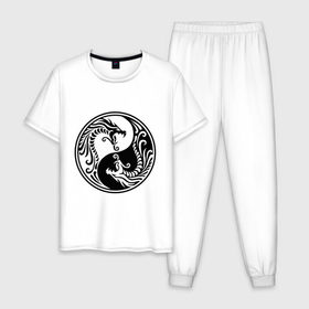 Мужская пижама хлопок с принтом Два дракона Инь Янь , 100% хлопок | брюки и футболка прямого кроя, без карманов, на брюках мягкая резинка на поясе и по низу штанин
 | Тематика изображения на принте: дракон | инь | ян