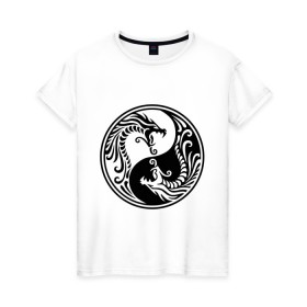 Женская футболка хлопок с принтом Два дракона Инь Янь , 100% хлопок | прямой крой, круглый вырез горловины, длина до линии бедер, слегка спущенное плечо | дракон | инь | ян