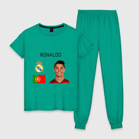 Женская пижама хлопок с принтом Роналдо , 100% хлопок | брюки и футболка прямого кроя, без карманов, на брюках мягкая резинка на поясе и по низу штанин | роналдо