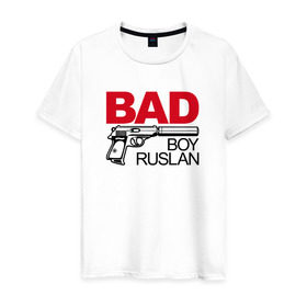 Мужская футболка хлопок с принтом Руслан, плохой, парень , 100% хлопок | прямой крой, круглый вырез горловины, длина до линии бедер, слегка спущенное плечо. | Тематика изображения на принте: bad boy