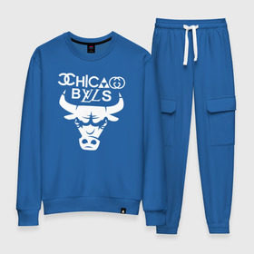 Женский костюм хлопок с принтом Chicago Bulls fun logo , 100% хлопок | на свитшоте круглая горловина, мягкая резинка по низу. Брюки заужены к низу, на них два вида карманов: два 