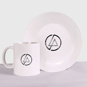 Набор: тарелка + кружка с принтом Linkin Park , керамика | Кружка: объем — 330 мл, диаметр — 80 мм. Принт наносится на бока кружки, можно сделать два разных изображения. 
Тарелка: диаметр - 210 мм, диаметр для нанесения принта - 120 мм. | 