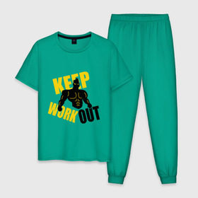 Мужская пижама хлопок с принтом Keep workout (тренируйся) , 100% хлопок | брюки и футболка прямого кроя, без карманов, на брюках мягкая резинка на поясе и по низу штанин
 | Тематика изображения на принте: keep | out | work | тренируйся