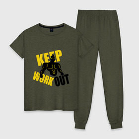 Женская пижама хлопок с принтом Keep workout (тренируйся) , 100% хлопок | брюки и футболка прямого кроя, без карманов, на брюках мягкая резинка на поясе и по низу штанин | keep | out | work | тренируйся