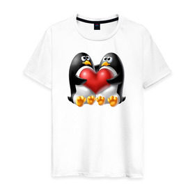 Мужская футболка хлопок с принтом Влюбленные пингвины , 100% хлопок | прямой крой, круглый вырез горловины, длина до линии бедер, слегка спущенное плечо. | . любовь | влюбленные пингвины с сердцемвлюбленные | пингвины | сердце