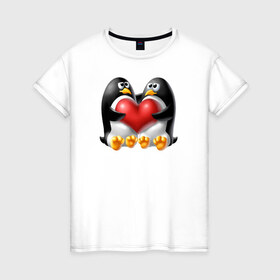 Женская футболка хлопок с принтом Влюбленные пингвины , 100% хлопок | прямой крой, круглый вырез горловины, длина до линии бедер, слегка спущенное плечо | . любовь | влюбленные пингвины с сердцемвлюбленные | пингвины | сердце