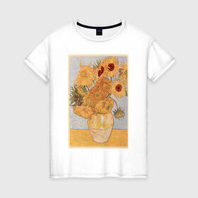 Женская футболка хлопок с принтом ArtJersey , 100% хлопок | прямой крой, круглый вырез горловины, длина до линии бедер, слегка спущенное плечо | винсент ван гог «подсолнухи»@