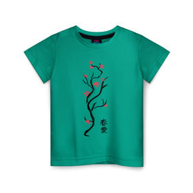 Детская футболка хлопок с принтом Весна. Любовь , 100% хлопок | круглый вырез горловины, полуприлегающий силуэт, длина до линии бедер | автор дмитрий анненковяпония | весна | дерево | иероглиф | сакура