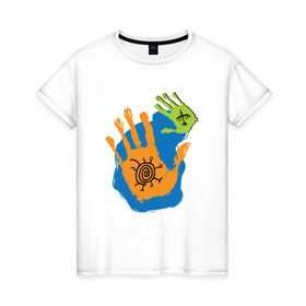 Женская футболка хлопок с принтом Ладони. Этно 2 , 100% хлопок | прямой крой, круглый вырез горловины, длина до линии бедер, слегка спущенное плечо | ethno | hands | ладони | руки | символы