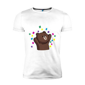 Мужская футболка премиум с принтом Стикер Line мишка , 92% хлопок, 8% лайкра | приталенный силуэт, круглый вырез ворота, длина до линии бедра, короткий рукав | медведь | радость | стикер line