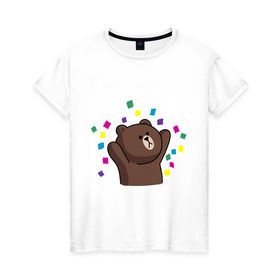 Женская футболка хлопок с принтом Стикер Line мишка , 100% хлопок | прямой крой, круглый вырез горловины, длина до линии бедер, слегка спущенное плечо | медведь | радость | стикер line