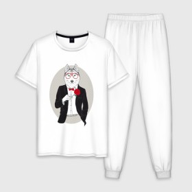Мужская пижама хлопок с принтом Волк в смокинге , 100% хлопок | брюки и футболка прямого кроя, без карманов, на брюках мягкая резинка на поясе и по низу штанин
 | джентльмен | костюм | хипстер
