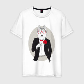 Мужская футболка хлопок с принтом Волк в смокинге , 100% хлопок | прямой крой, круглый вырез горловины, длина до линии бедер, слегка спущенное плечо. | джентльмен | костюм | хипстер