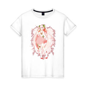 Женская футболка хлопок с принтом Клубничная Мику , 100% хлопок | прямой крой, круглый вырез горловины, длина до линии бедер, слегка спущенное плечо | anime | miku | vocaloid | вокалоид