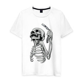 Мужская футболка хлопок с принтом Скелет с бритвой , 100% хлопок | прямой крой, круглый вырез горловины, длина до линии бедер, слегка спущенное плечо. | Тематика изображения на принте: скелет