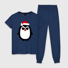 Женская пижама хлопок с принтом Крутой пингвин дед мороз , 100% хлопок | брюки и футболка прямого кроя, без карманов, на брюках мягкая резинка на поясе и по низу штанин | крутой пингвин дед морозкрутой пингвин дед мороз новый год