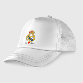 Детская кепка тракер с принтом Я люблю Реал Мадрид , Козырек - 100% хлопок. Кепка - 100% полиэстер, Задняя часть - сетка | универсальный размер, пластиковая застёжка | реал мадрид  реал мадрид футбол испания
