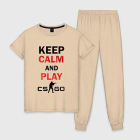 Женская пижама хлопок с принтом Keep Calm and play cs:go , 100% хлопок | брюки и футболка прямого кроя, без карманов, на брюках мягкая резинка на поясе и по низу штанин | calm | cs go | keep | го