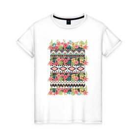 Женская футболка хлопок с принтом Flower pattern , 100% хлопок | прямой крой, круглый вырез горловины, длина до линии бедер, слегка спущенное плечо | 