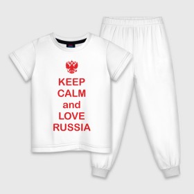 Детская пижама хлопок с принтом KEEP CALM and LOVE RUSSIA , 100% хлопок |  брюки и футболка прямого кроя, без карманов, на брюках мягкая резинка на поясе и по низу штанин
 | Тематика изображения на принте: keep calm | keep calm and love russiarussia | россия | я русский