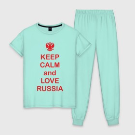 Женская пижама хлопок с принтом KEEP CALM and LOVE RUSSIA , 100% хлопок | брюки и футболка прямого кроя, без карманов, на брюках мягкая резинка на поясе и по низу штанин | Тематика изображения на принте: keep calm | keep calm and love russiarussia | россия | я русский