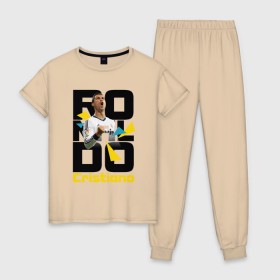 Женская пижама хлопок с принтом Ronaldo , 100% хлопок | брюки и футболка прямого кроя, без карманов, на брюках мягкая резинка на поясе и по низу штанин | роналдо