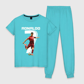 Женская пижама хлопок с принтом Ronaldo , 100% хлопок | брюки и футболка прямого кроя, без карманов, на брюках мягкая резинка на поясе и по низу штанин | роналдо