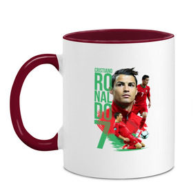 Кружка двухцветная с принтом Ronaldo , керамика | объем — 330 мл, диаметр — 80 мм. Цветная ручка и кайма сверху, в некоторых цветах — вся внутренняя часть | Тематика изображения на принте: роналдо