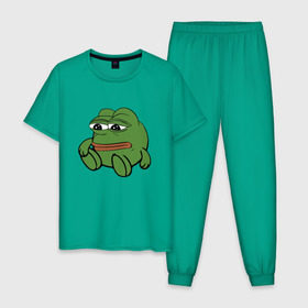 Мужская пижама хлопок с принтом Грустняш , 100% хлопок | брюки и футболка прямого кроя, без карманов, на брюках мягкая резинка на поясе и по низу штанин
 | pepe | грустная жаба | жаба | мем | пепе
