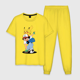 Мужская пижама хлопок с принтом Пикачу , 100% хлопок | брюки и футболка прямого кроя, без карманов, на брюках мягкая резинка на поясе и по низу штанин
 | 