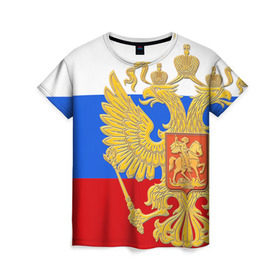 Женская футболка 3D с принтом Флаг и герб РФ , 100% полиэфир ( синтетическое хлопкоподобное полотно) | прямой крой, круглый вырез горловины, длина до линии бедер | герб | патриот | россия | рф | флаг