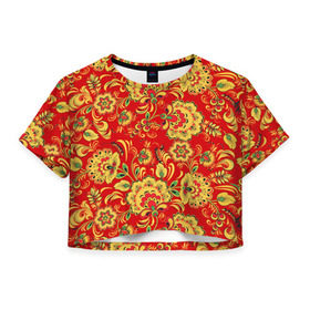 Женская футболка 3D укороченная с принтом Хохлома , 100% полиэстер | круглая горловина, длина футболки до линии талии, рукава с отворотами | роспись | узор