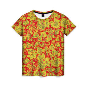 Женская футболка 3D с принтом Хохлома , 100% полиэфир ( синтетическое хлопкоподобное полотно) | прямой крой, круглый вырез горловины, длина до линии бедер | роспись | узор | хохлома