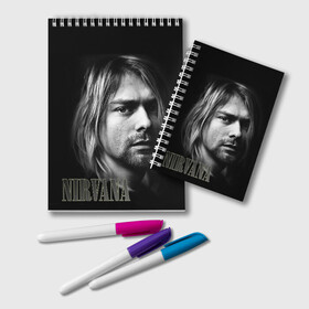 Блокнот с принтом Nirvana , 100% бумага | 48 листов, плотность листов — 60 г/м2, плотность картонной обложки — 250 г/м2. Листы скреплены удобной пружинной спиралью. Цвет линий — светло-серый
 | Тематика изображения на принте: cobain | curt | nirvana | rock | кобейн | курт | рок