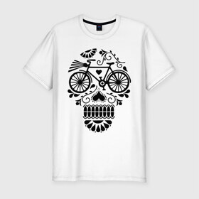 Мужская футболка премиум с принтом Велочереп , 92% хлопок, 8% лайкра | приталенный силуэт, круглый вырез ворота, длина до линии бедра, короткий рукав | bicycle | bike | biker | байк | велик | велосипед | велосипедист | велоспорт | велочереп | спорт | череп