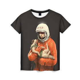 Женская футболка 3D с принтом Гагарин , 100% полиэфир ( синтетическое хлопкоподобное полотно) | прямой крой, круглый вырез горловины, длина до линии бедер | Тематика изображения на принте: гагарин | космос. россия | поехали | полет | собака | ссср