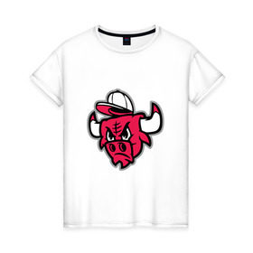 Женская футболка хлопок с принтом Chicago Bulls (в кепке) , 100% хлопок | прямой крой, круглый вырез горловины, длина до линии бедер, слегка спущенное плечо | chicago bulls | буллз | кепка | чикаго | чикаго буллз