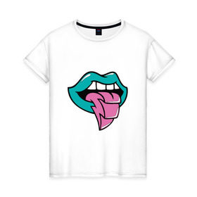 Женская футболка хлопок с принтом Губы и язык , 100% хлопок | прямой крой, круглый вырез горловины, длина до линии бедер, слегка спущенное плечо | губы | рот | укус | улыбка | язык