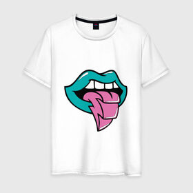Мужская футболка хлопок с принтом Губы и язык , 100% хлопок | прямой крой, круглый вырез горловины, длина до линии бедер, слегка спущенное плечо. | губы | рот | укус | улыбка | язык