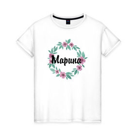 Женская футболка хлопок с принтом Марина , 100% хлопок | прямой крой, круглый вырез горловины, длина до линии бедер, слегка спущенное плечо | акварель | венок | марина | цветы