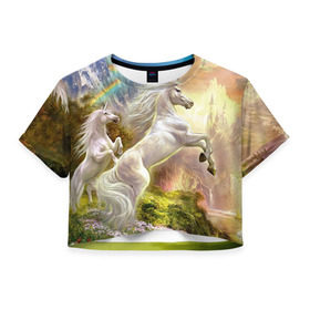 Женская футболка 3D укороченная с принтом Единороги , 100% полиэстер | круглая горловина, длина футболки до линии талии, рукава с отворотами | бабочка