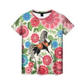 Женская футболка 3D с принтом Роспись , 100% полиэфир ( синтетическое хлопкоподобное полотно) | прямой крой, круглый вырез горловины, длина до линии бедер | конь | лошадь | узор | цветы