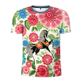 Мужская футболка 3D спортивная с принтом Роспись , 100% полиэстер с улучшенными характеристиками | приталенный силуэт, круглая горловина, широкие плечи, сужается к линии бедра | конь | лошадь | узор | цветы