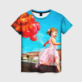 Женская футболка 3D с принтом Девочка с шариками , 100% полиэфир ( синтетическое хлопкоподобное полотно) | прямой крой, круглый вырез горловины, длина до линии бедер | картина | огонь