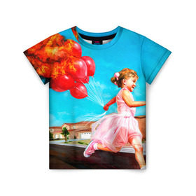 Детская футболка 3D с принтом Девочка с шариками , 100% гипоаллергенный полиэфир | прямой крой, круглый вырез горловины, длина до линии бедер, чуть спущенное плечо, ткань немного тянется | картина | огонь